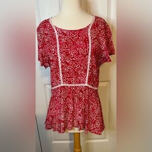 Go‎ Fish Red White Blouse Top Handmade Rayon Medium